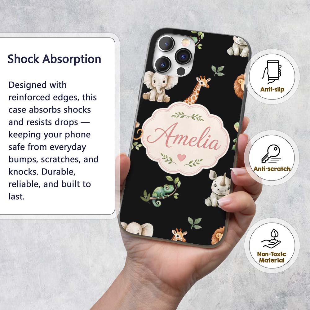 Safari Animals with Elephant Lion and Crocodile Custom Name Protective Phone Case Mobile Cover Durable Everyday Smartphone Shock Resistant