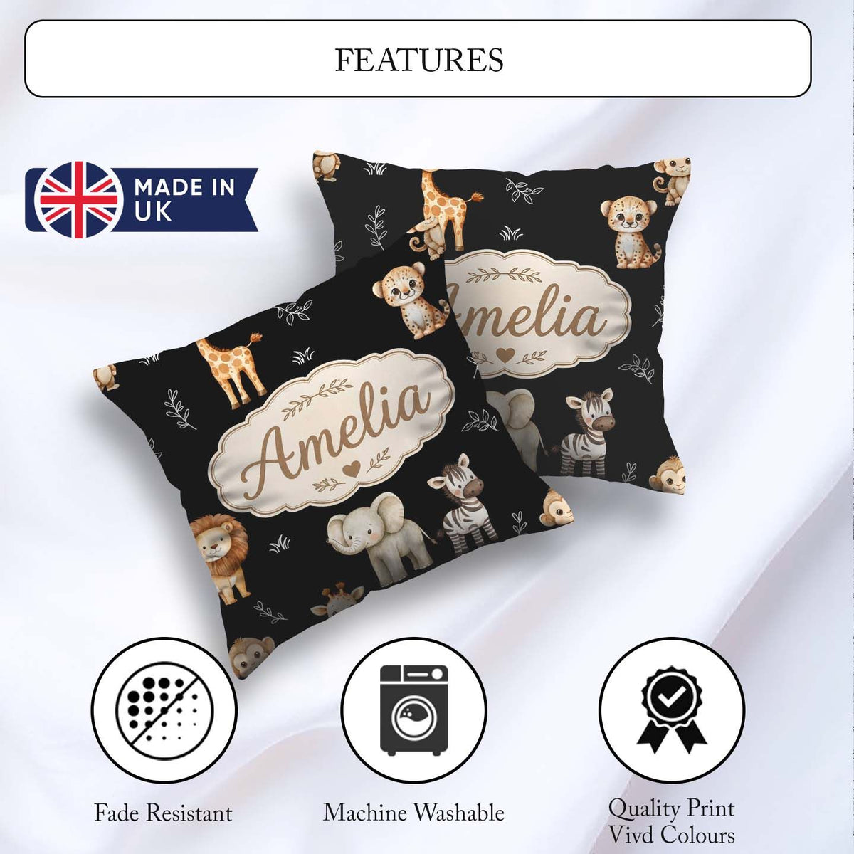 Custom Name Animals with Elephant Lion Cub and Elephant on Black Square Filled Cushion Throw Pillow Sofa Bed Home Decor Zip Washable UK Made