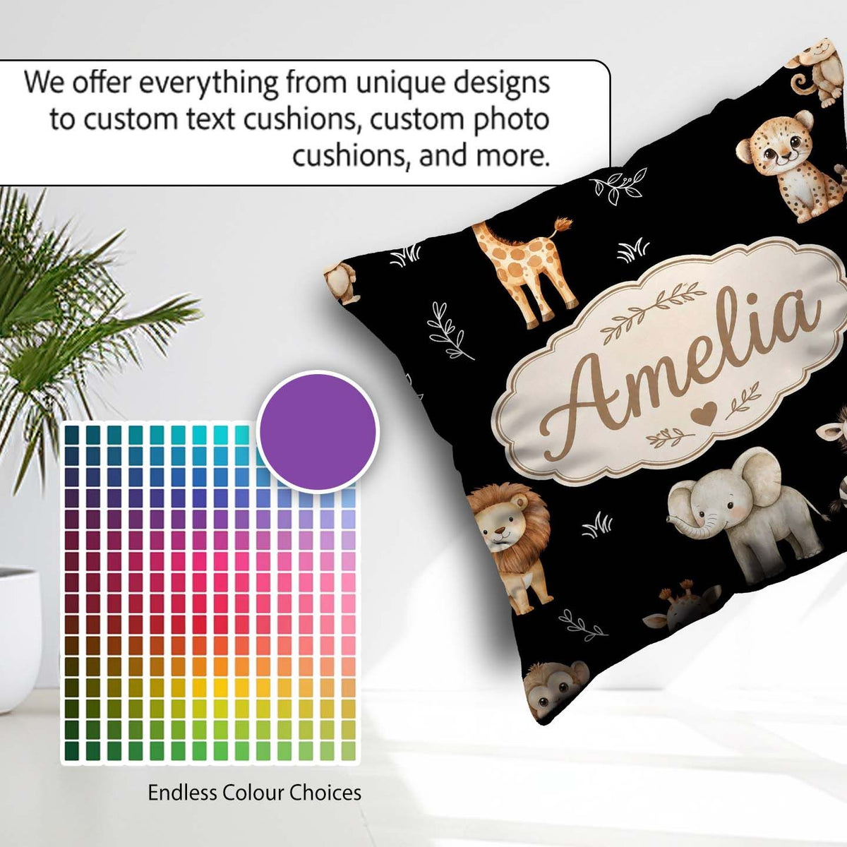 Custom Name Animals with Elephant Lion Cub and Elephant on Black Square Filled Cushion Throw Pillow Sofa Bed Home Decor Zip Washable UK Made