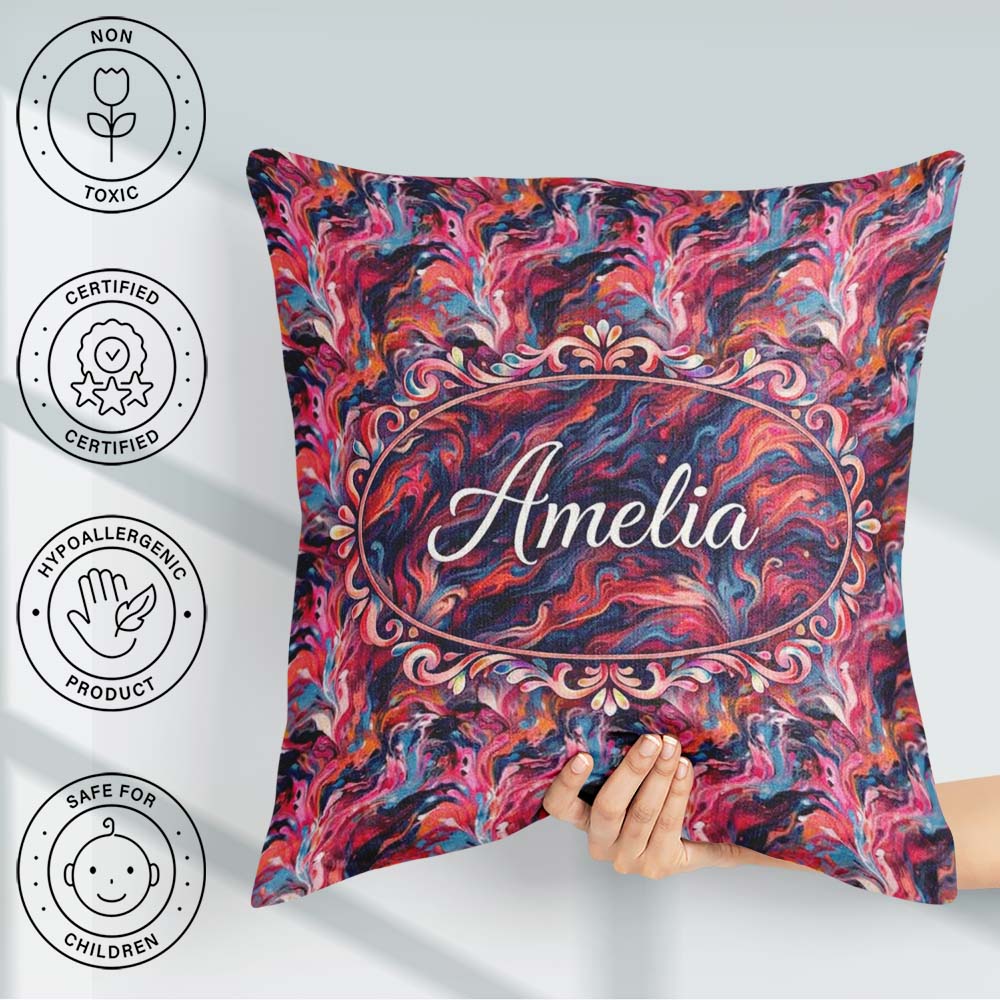 Custom Name Vibrant Fluid Marble Swirl Abstract Pink Blue Orange Square Filled Cushion Throw Pillow Sofa Bed Home Decor Zip Washable UK Made