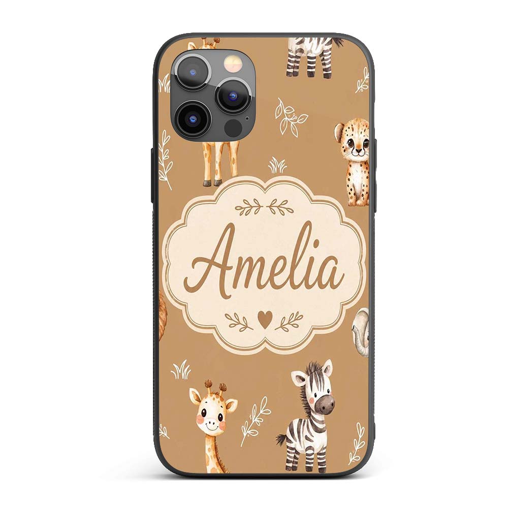 Safari Animals with Elephant Lion Printed Design Custom Name Protective Phone Case Mobile Cover Durable Everyday Smartphone Shock Resistant