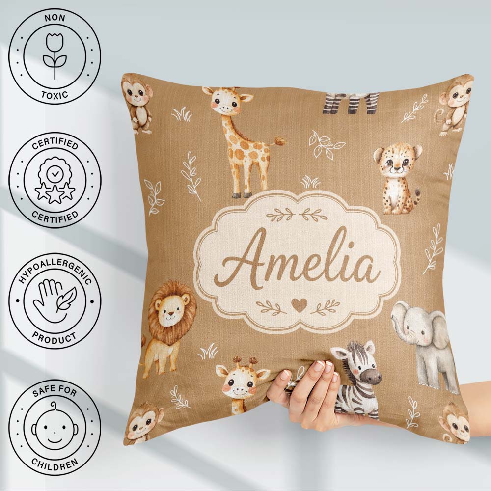 Custom Name Animals with Elephant Lion Cub and Elephant on Brown Square Filled Cushion Throw Pillow Sofa Bed Home Decor Zip Washable UK Made