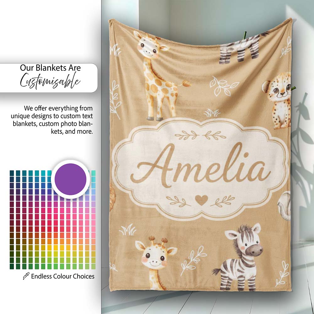 Safari Animals with Elephant Lion Cub and Elephant on Warm Brown Personalised Custom Name Super Soft Fleece Blanket Bed Sofa Throw