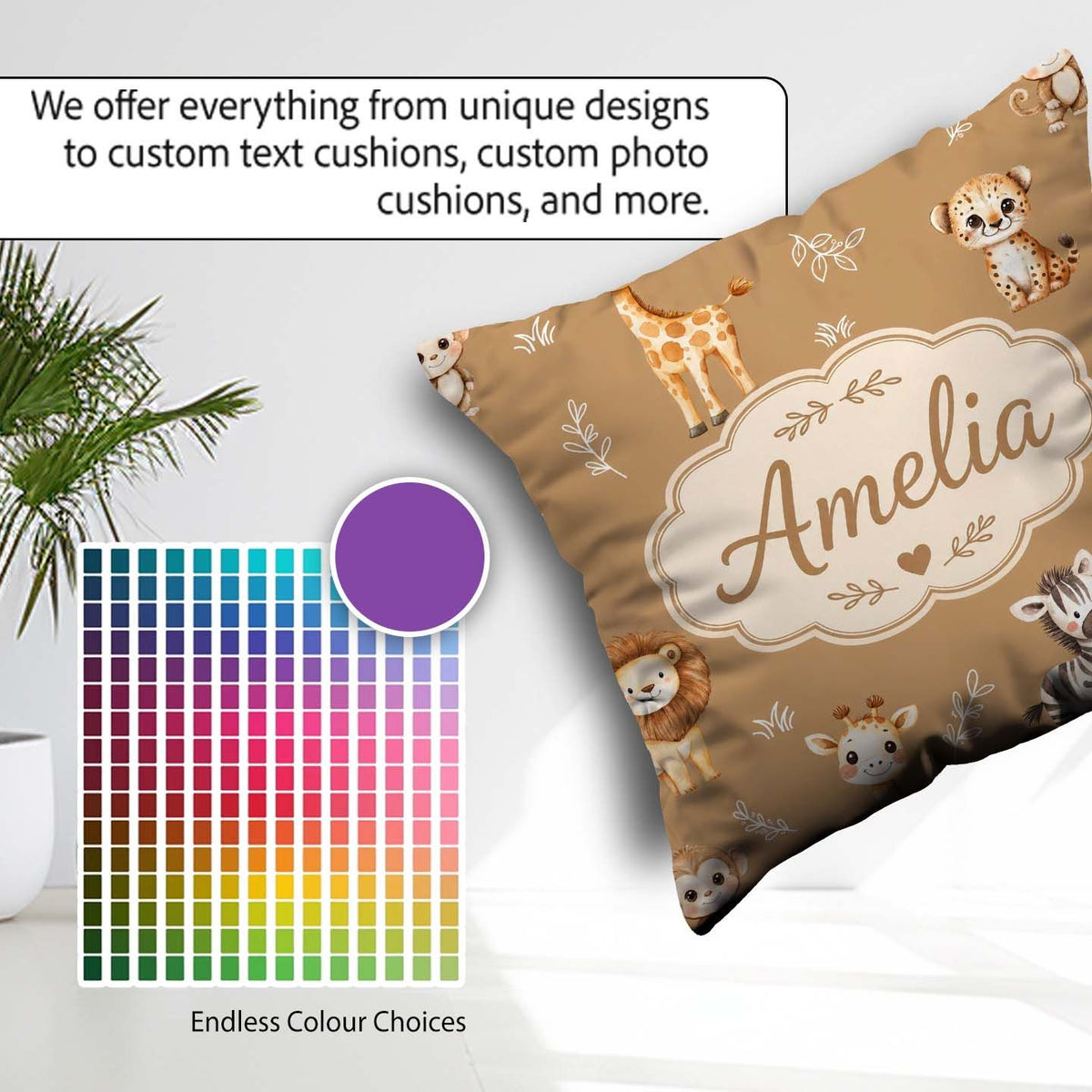 Custom Name Animals with Elephant Lion Cub and Elephant on Brown Square Filled Cushion Throw Pillow Sofa Bed Home Decor Zip Washable UK Made