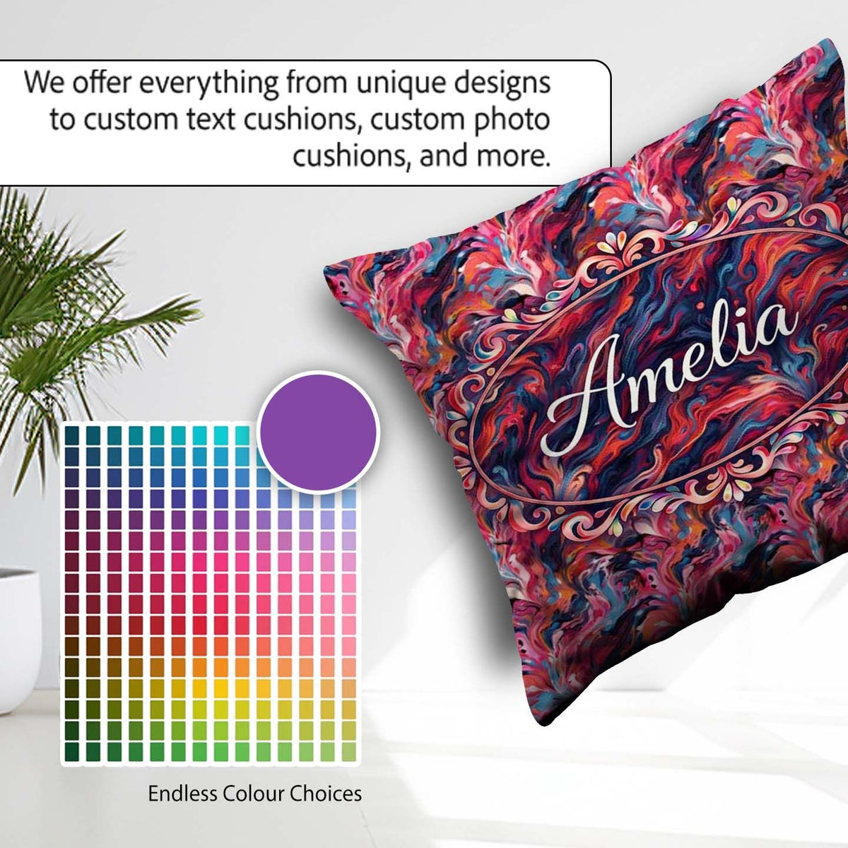 Custom Name Vibrant Fluid Marble Swirl Abstract Pink Blue Orange Square Filled Cushion Throw Pillow Sofa Bed Home Decor Zip Washable UK Made