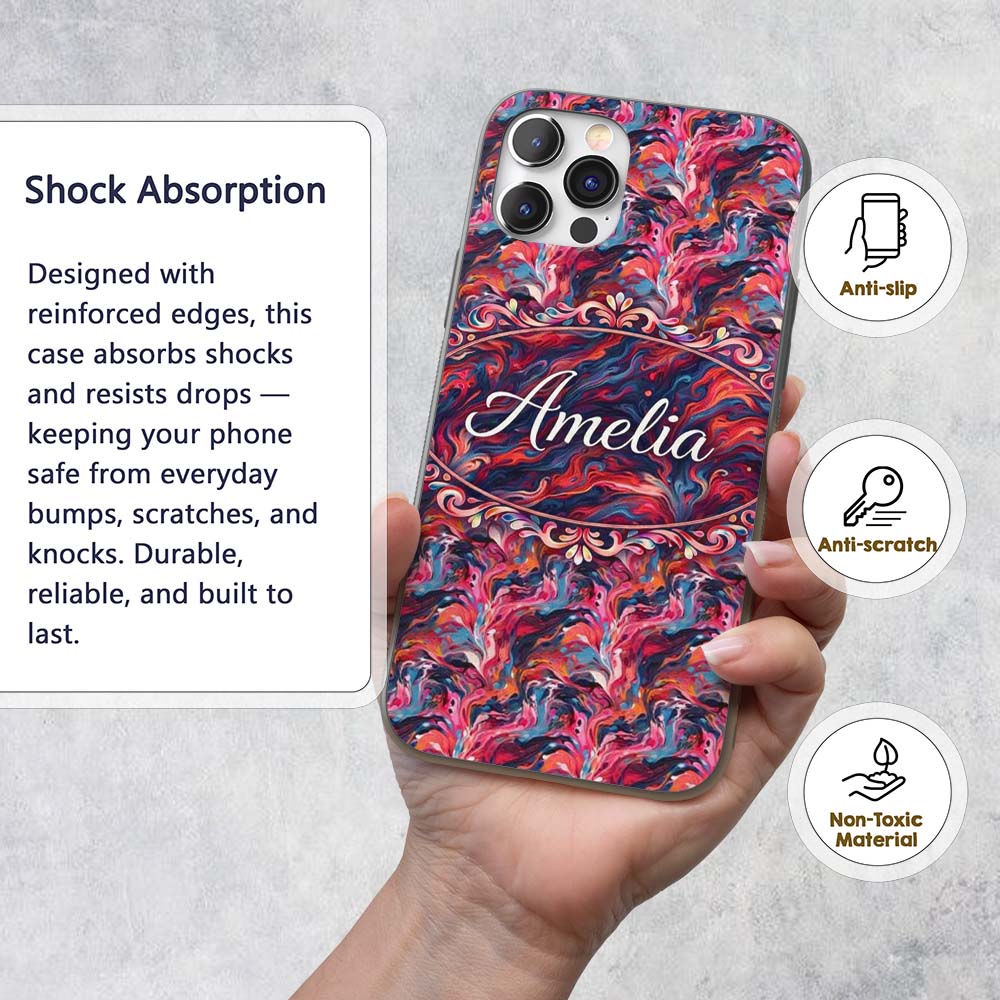 Vibrant Fluid Marble Swirl Abstract Pattern Pink Custom Name Protective Phone Case Mobile Cover Durable Everyday Smartphone Shock Resistant