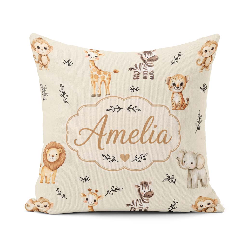 Custom Name Safari Animals with Elephant Lion and Leopard Cub on Square Filled Cushion Throw Pillow Sofa Bed Home Decor Zip Washable UK Made