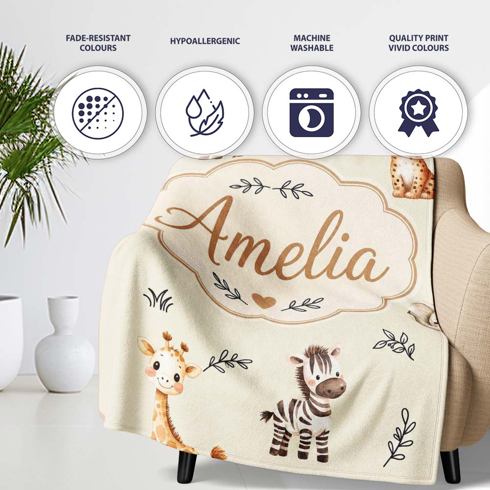 Safari Animals with Elephant Lion and Leopard Cub on Soft Sage Personalised Custom Name Super Soft Fleece Blanket Bed Sofa Throw