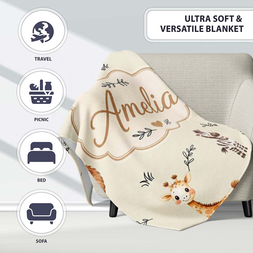 Safari Animals with Elephant Lion and Leopard Cub on Soft Sage Personalised Custom Name Super Soft Fleece Blanket Bed Sofa Throw