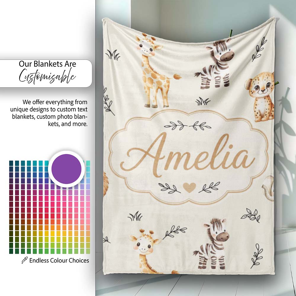 Safari Animals with Elephant Lion and Leopard Cub on Soft Sage Personalised Custom Name Super Soft Fleece Blanket Bed Sofa Throw