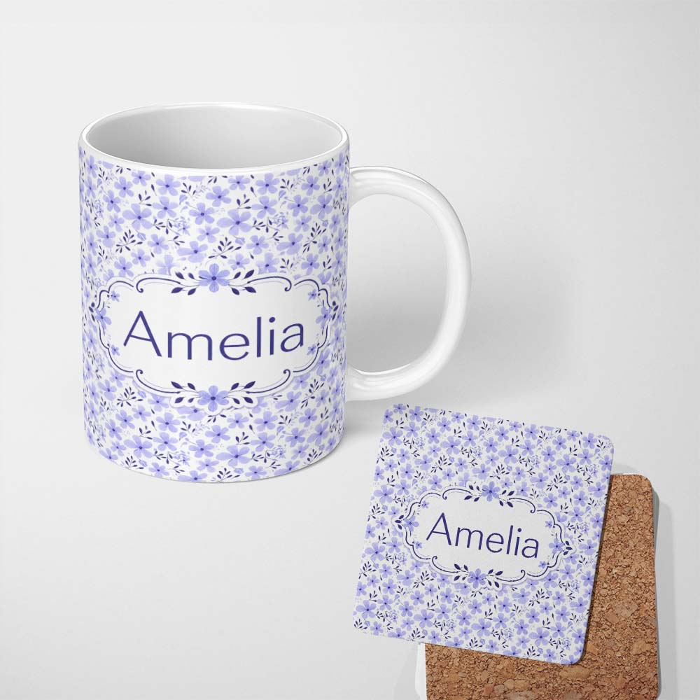 Personalized Custom Name Purple Floral Meadow Seamless Pattern Simple Botanical Repeat Design 11oz Ceramic Coffee Tea Mug White Large Handle