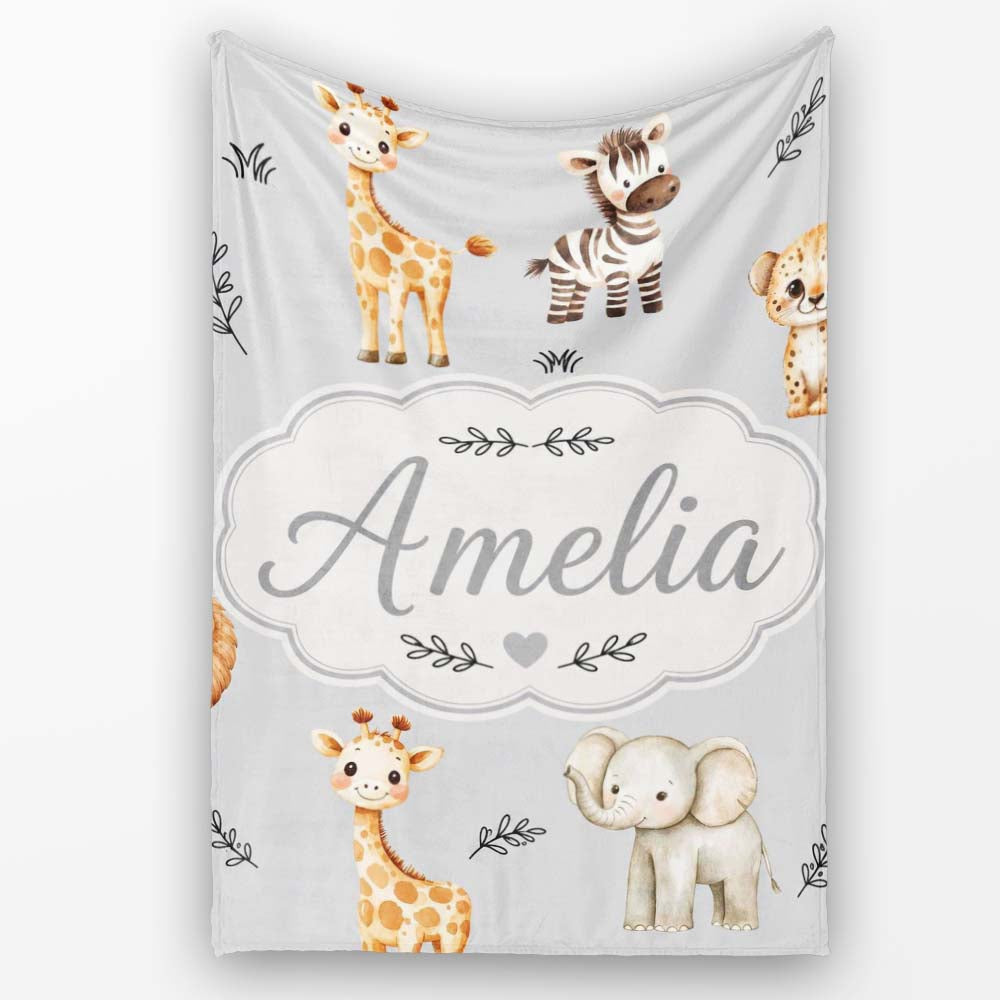 Safari Animals with Elephant Lion and Leopard Cub on Cool Grey Personalised Custom Name Super Soft Fleece Blanket Bed Sofa Throw