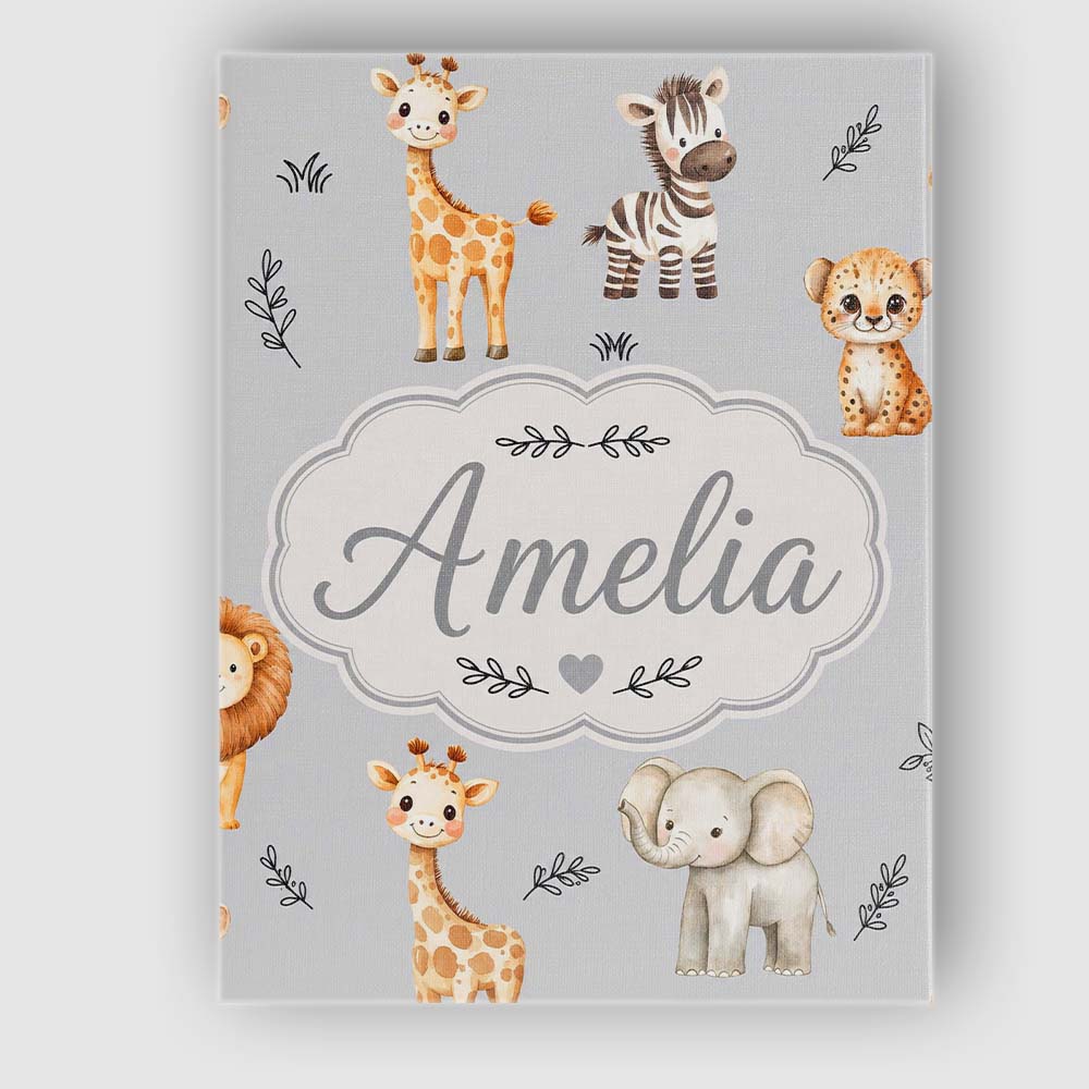 Personalised Name Safari Animals with Custom Modern Room Accent Creative Decorator Style Canvas Wall Art Print Decor Picture Ready to Hang