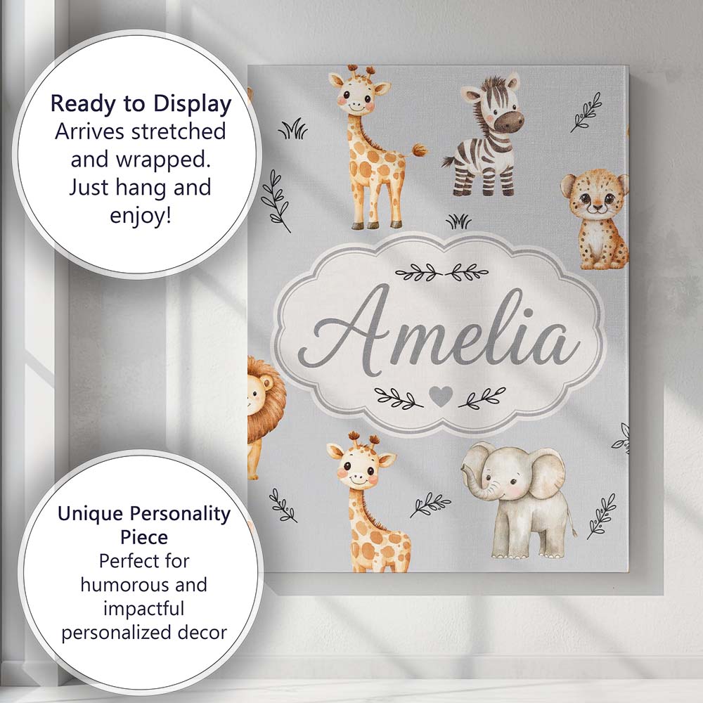 Personalised Name Safari Animals with Custom Modern Room Accent Creative Decorator Style Canvas Wall Art Print Decor Picture Ready to Hang