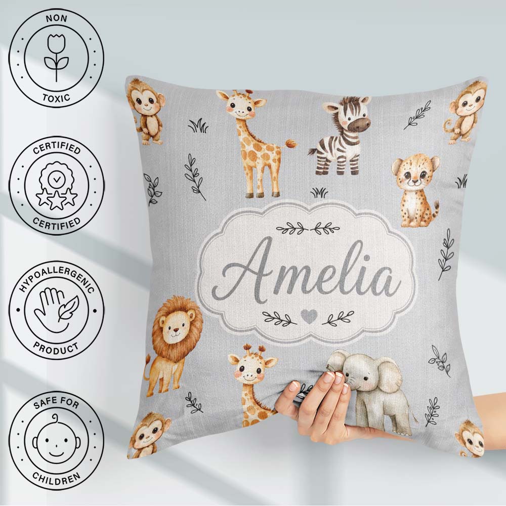 Custom Name Safari Animals with Elephant Lion and Leopard Cub on Square Filled Cushion Throw Pillow Sofa Bed Home Decor Zip Washable UK Made