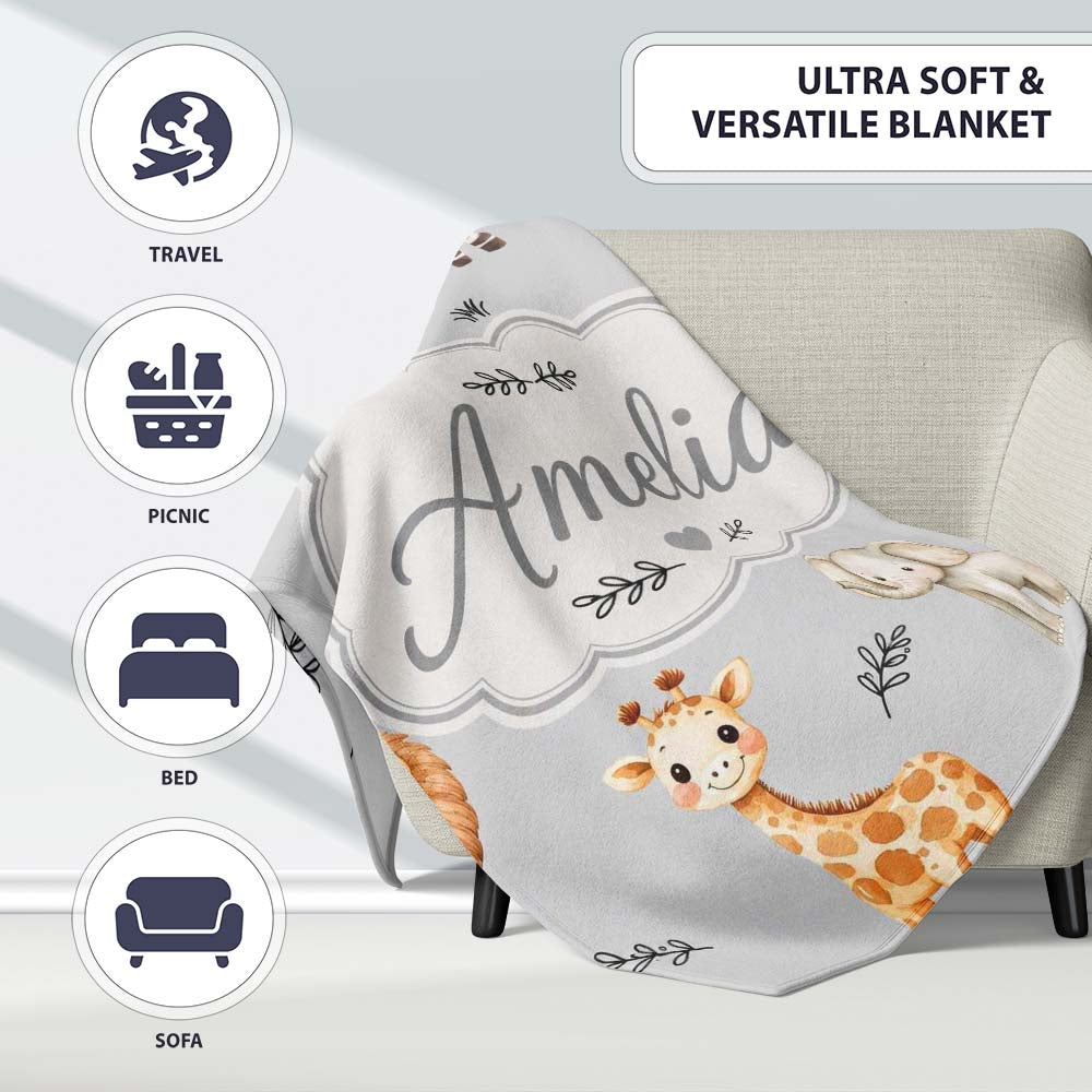 Safari Animals with Elephant Lion and Leopard Cub on Cool Grey Personalised Custom Name Super Soft Fleece Blanket Bed Sofa Throw