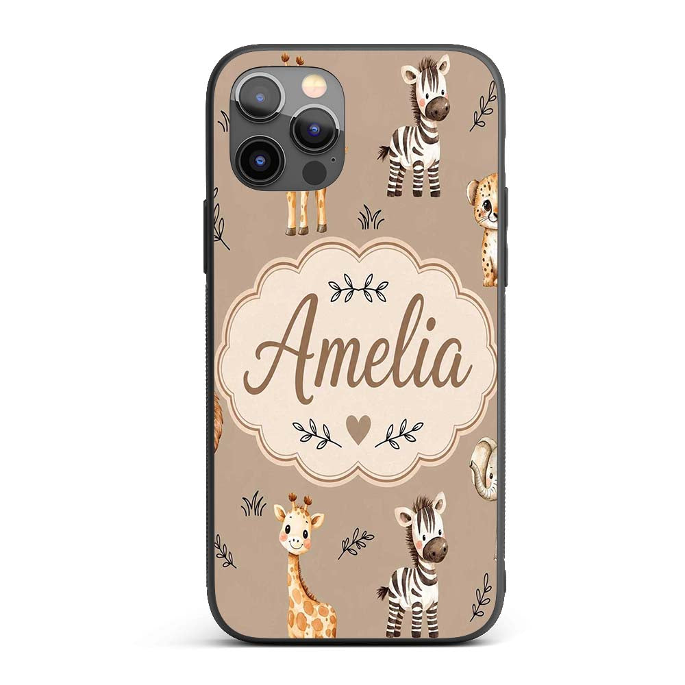 Safari Animals with Elephant Lion and Leopard Cub Custom Name Protective Phone Case Mobile Cover Durable Everyday Smartphone Shock Resistant