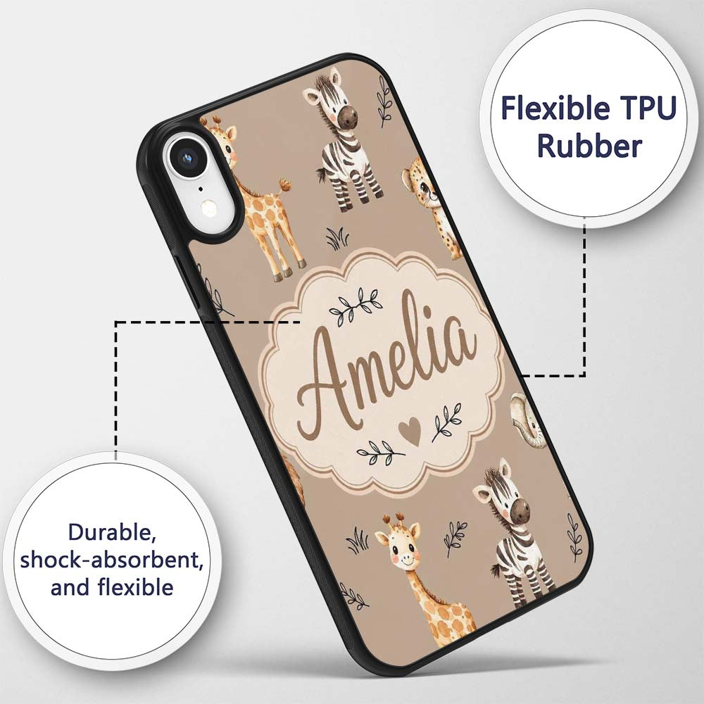 Safari Animals with Elephant Lion and Leopard Cub Custom Name Protective Phone Case Mobile Cover Durable Everyday Smartphone Shock Resistant