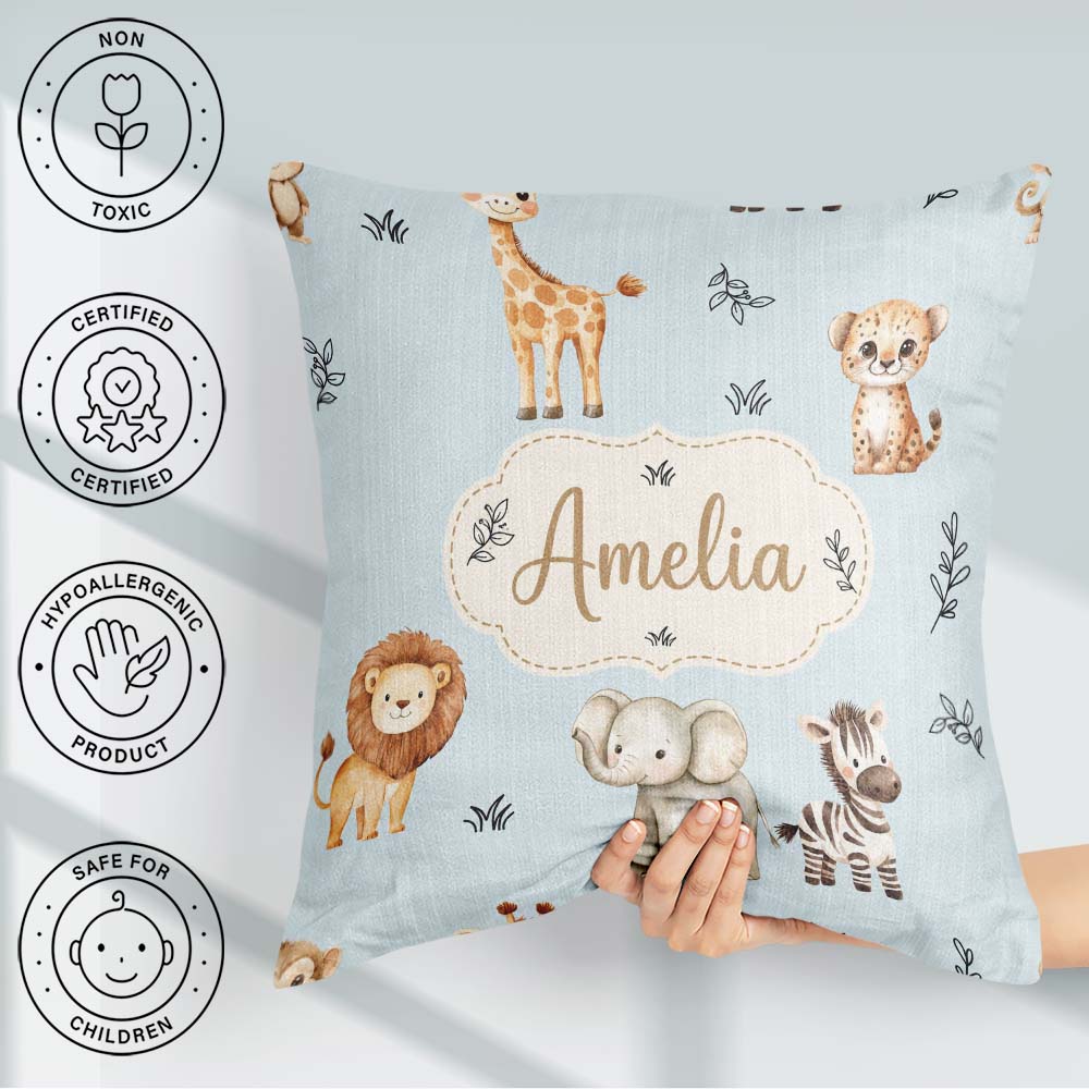 Custom Name Safari Animals with Elephant Lion and Leopard Cub on Square Filled Cushion Throw Pillow Sofa Bed Home Decor Zip Washable UK Made