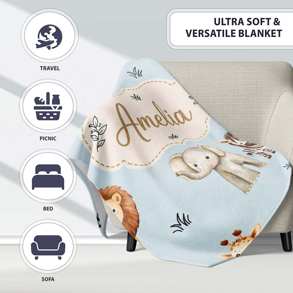 Safari Animals with Elephant Lion and Leopard Cub on Soft Blue Personalised Custom Name Super Soft Fleece Blanket Bed Sofa Throw
