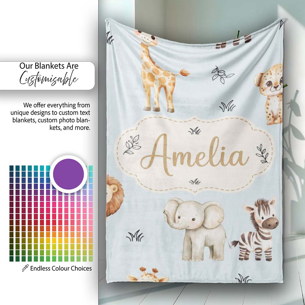 Safari Animals with Elephant Lion and Leopard Cub on Soft Blue Personalised Custom Name Super Soft Fleece Blanket Bed Sofa Throw