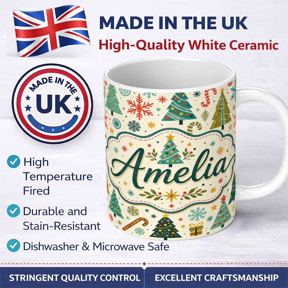 Personalized Custom Name Playful Christmas Trees Candy Canes Snowflakes Festive Seamless 11oz Ceramic Coffee Tea Mug White Large Handle