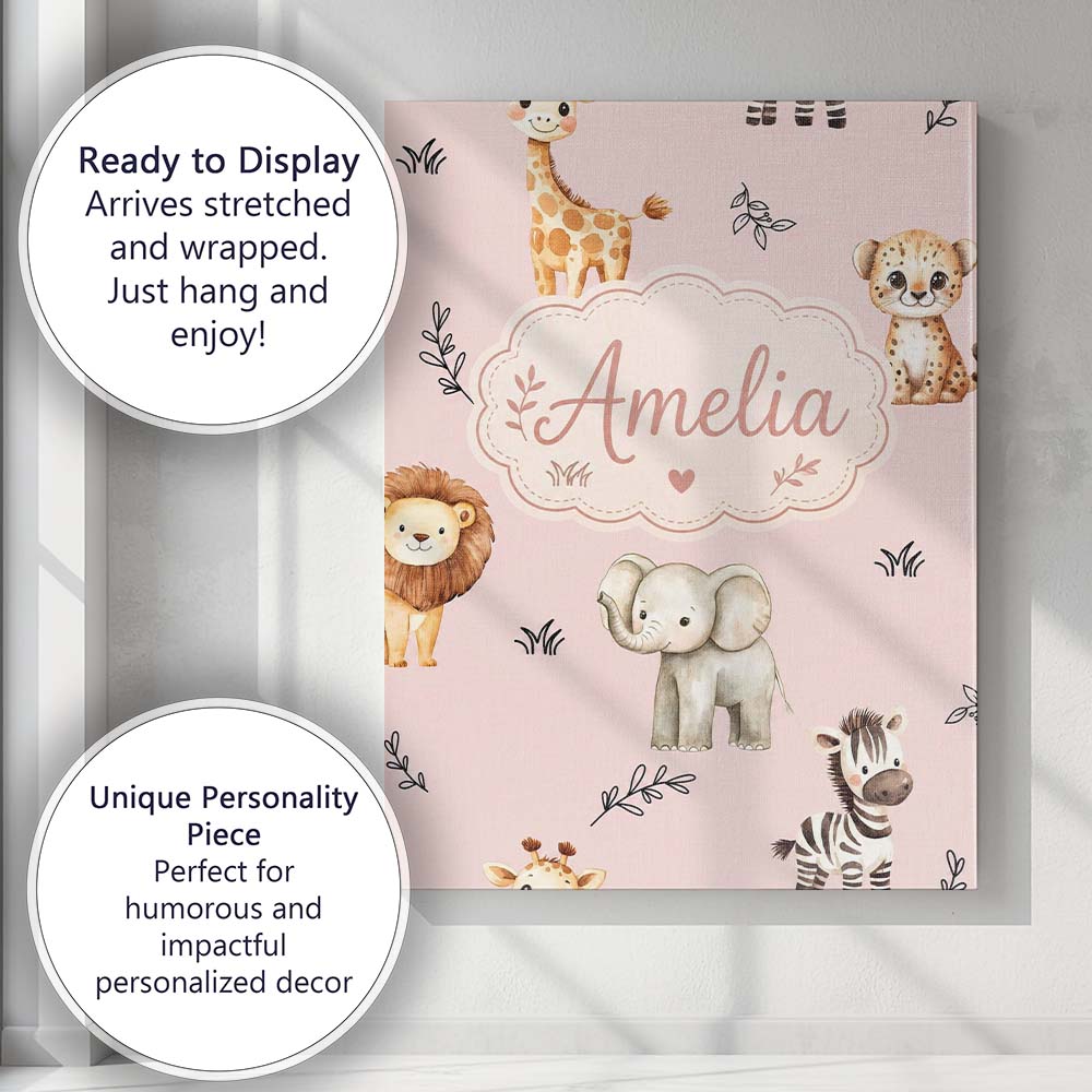 Personalised Name Safari Animals with Custom Modern Room Accent Creative Decorator Style Canvas Wall Art Print Decor Picture Ready to Hang