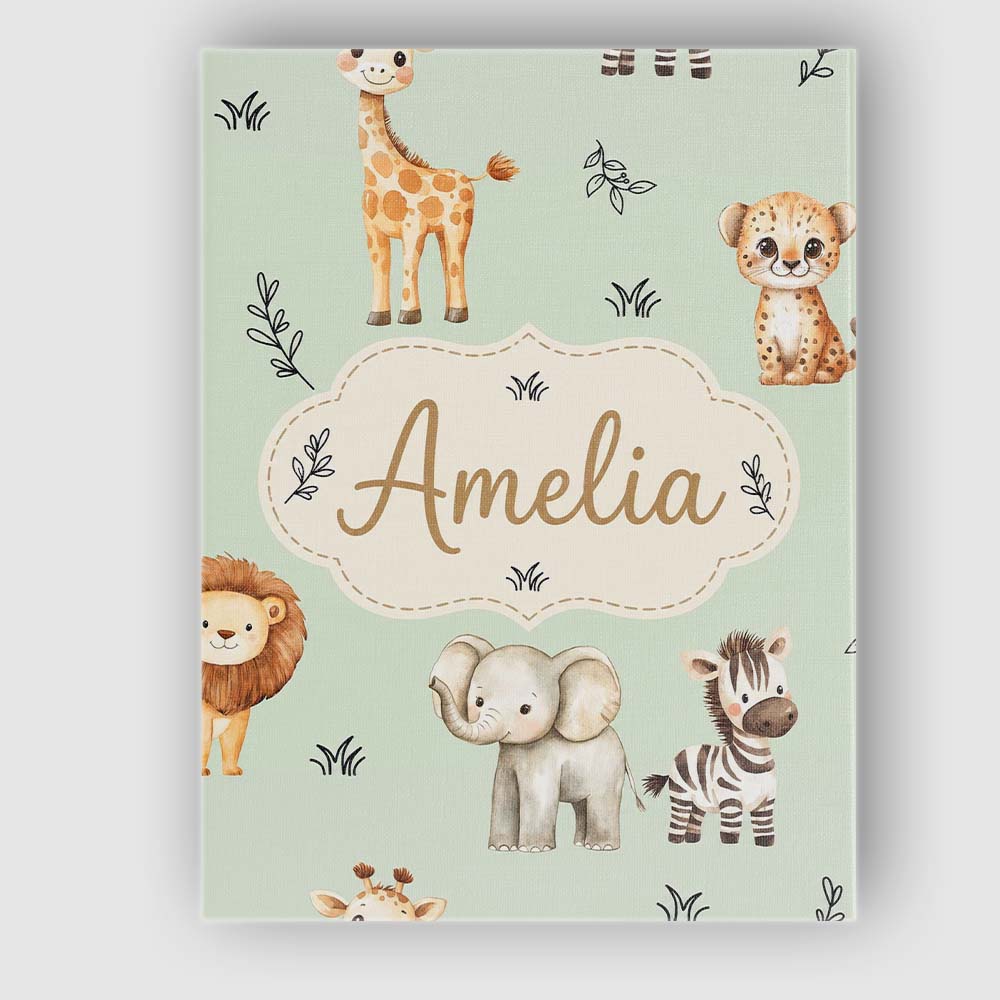 Personalised Name Safari Animals with Custom Modern Room Accent Creative Decorator Style Canvas Wall Art Print Decor Picture Ready to Hang
