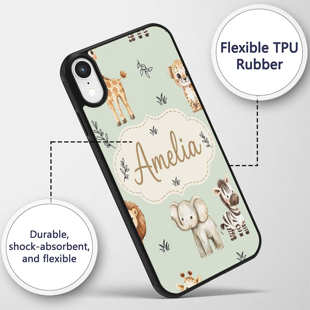 Safari Animals with Elephant Lion and Leopard Cub Custom Name Protective Phone Case Mobile Cover Durable Everyday Smartphone Shock Resistant
