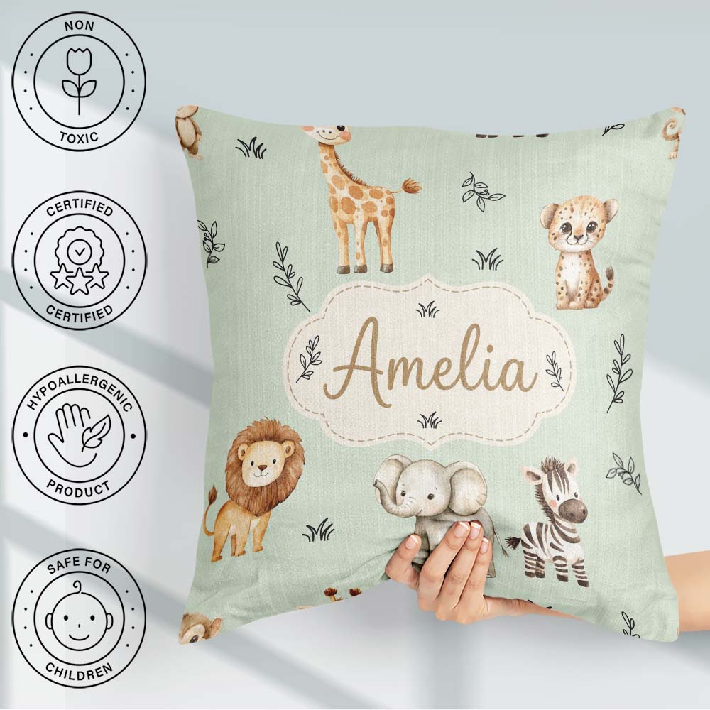 Custom Name Animals with Elephant Lion and Leopard Cub Soft Sage Square Filled Cushion Throw Pillow Sofa Bed Home Decor Zip Washable UK Made