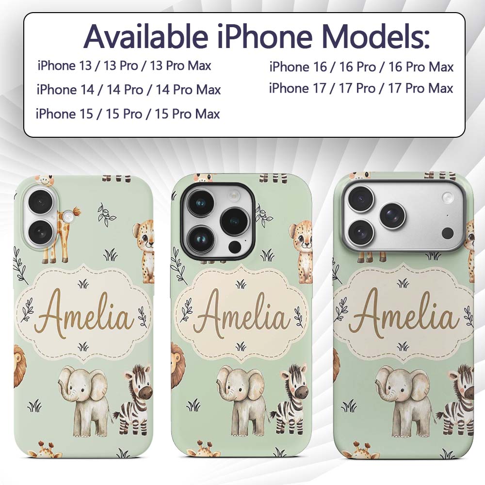 Safari Animals with Elephant Lion and Leopard Cub Custom Name Protective Phone Case Mobile Cover Durable Everyday Smartphone Shock Resistant