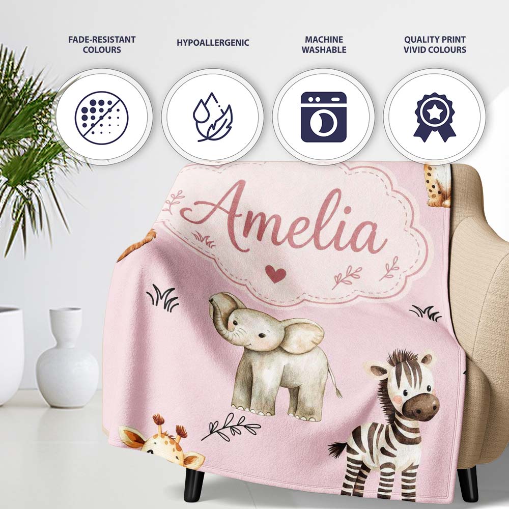 Safari Animals with Elephant Lion and Leopard Cub on Dusty Rose Personalised Custom Name Super Soft Fleece Blanket Bed Sofa Throw