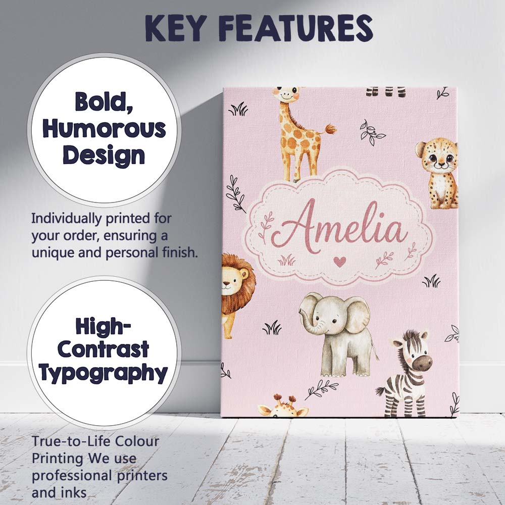 Personalised Name Safari Animals with Custom Modern Room Accent Creative Decorator Style Canvas Wall Art Print Decor Picture Ready to Hang
