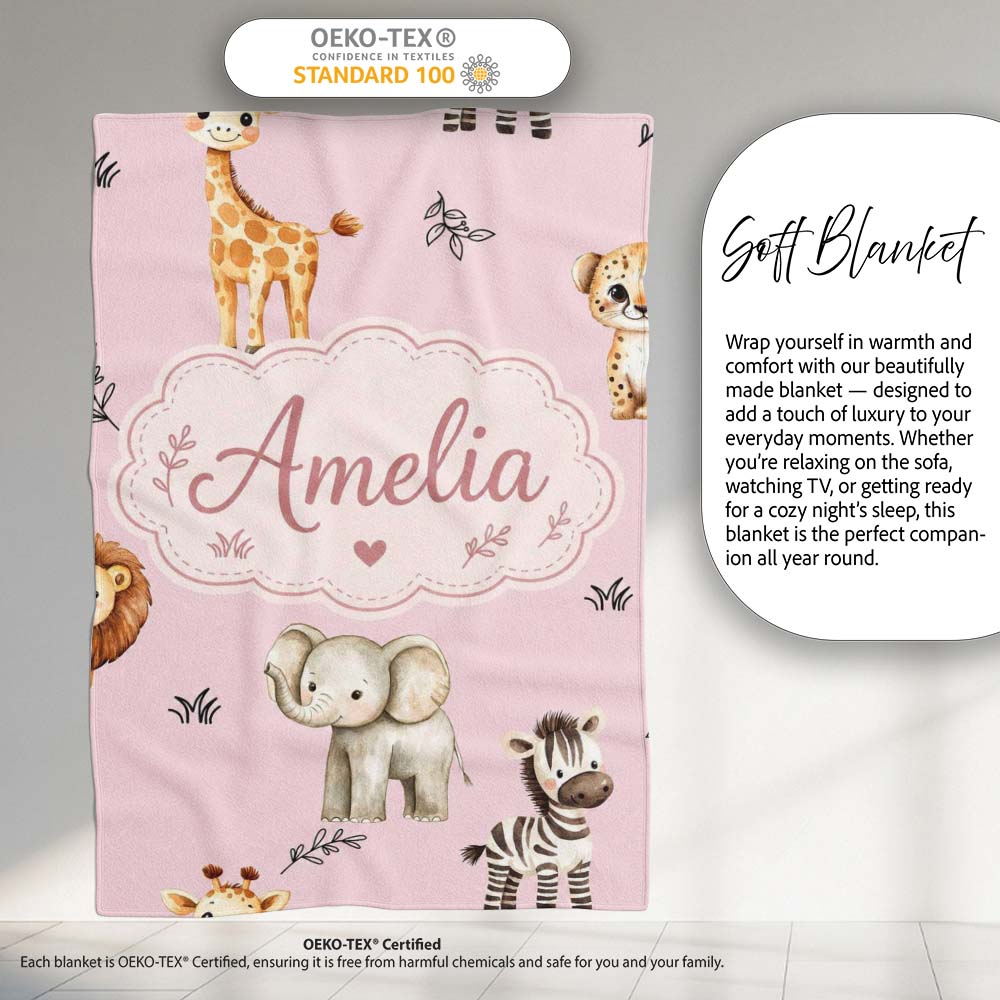 Safari Animals with Elephant Lion and Leopard Cub on Dusty Rose Personalised Custom Name Super Soft Fleece Blanket Bed Sofa Throw