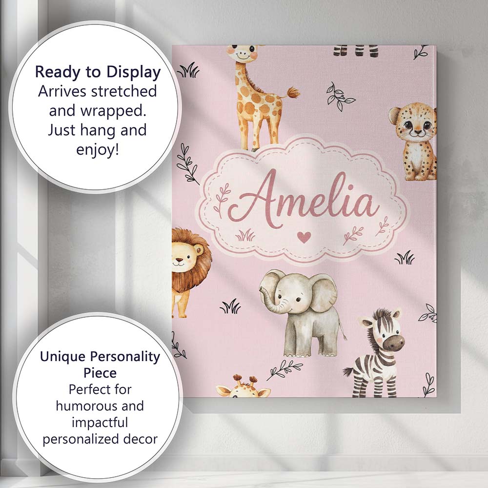 Personalised Name Safari Animals with Custom Modern Room Accent Creative Decorator Style Canvas Wall Art Print Decor Picture Ready to Hang