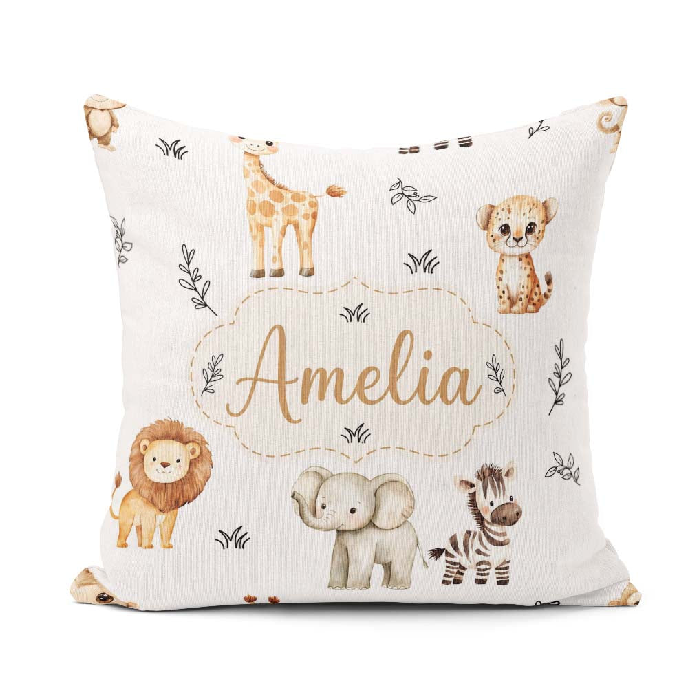 Custom Name Animals with Elephant Lion and Leopard on Light Grey Square Filled Cushion Throw Pillow Sofa Bed Home Decor Zip Washable UK Made