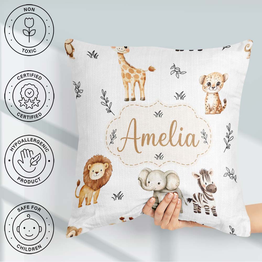 Custom Name Animals with Elephant Lion and Leopard on Light Grey Square Filled Cushion Throw Pillow Sofa Bed Home Decor Zip Washable UK Made