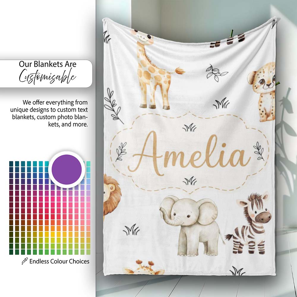Safari Animals with Elephant Lion and Leopard on Light Grey Lovely Personalised Custom Name Super Soft Fleece Blanket Bed Sofa Throw