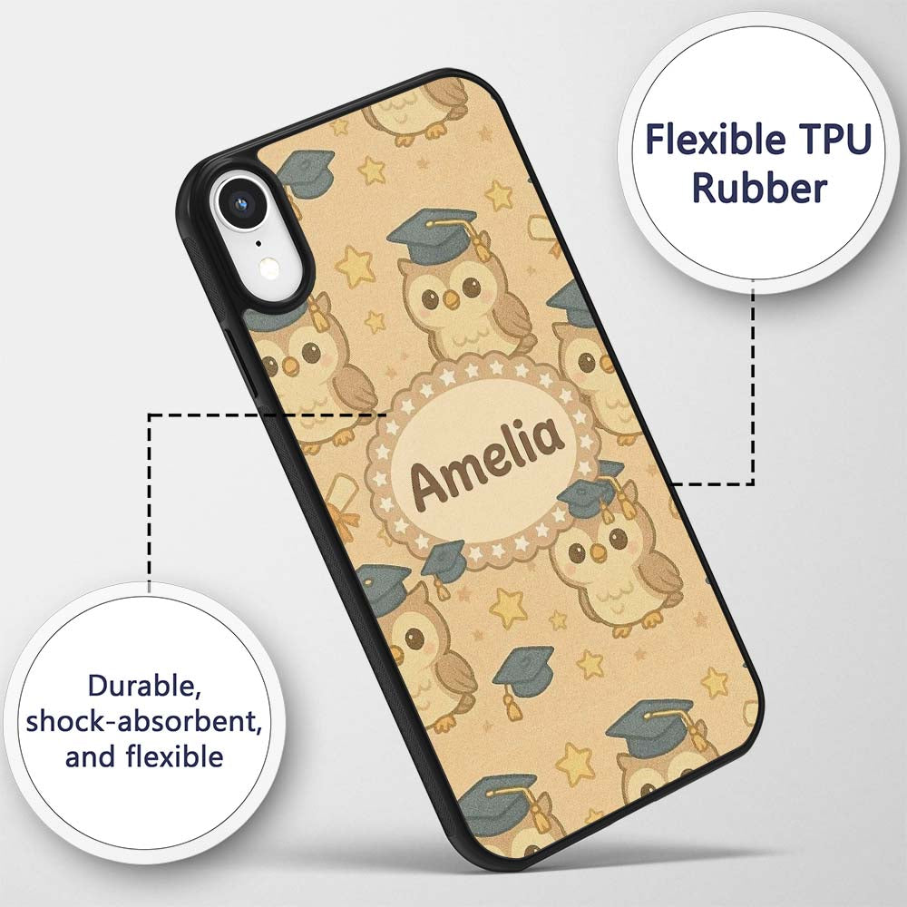 Cute Graduation Owl Cartoon Animal Pattern Cute Custom Name Protective Phone Case Mobile Cover Durable Everyday Smartphone Shock Resistant