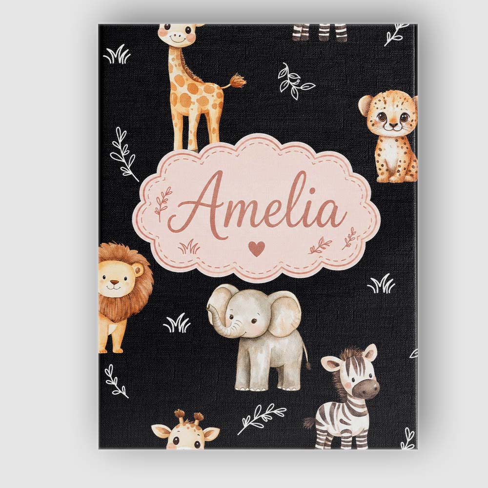 Personalised Name Safari Animals with Custom Modern Room Accent Creative Decorator Style Canvas Wall Art Print Decor Picture Ready to Hang