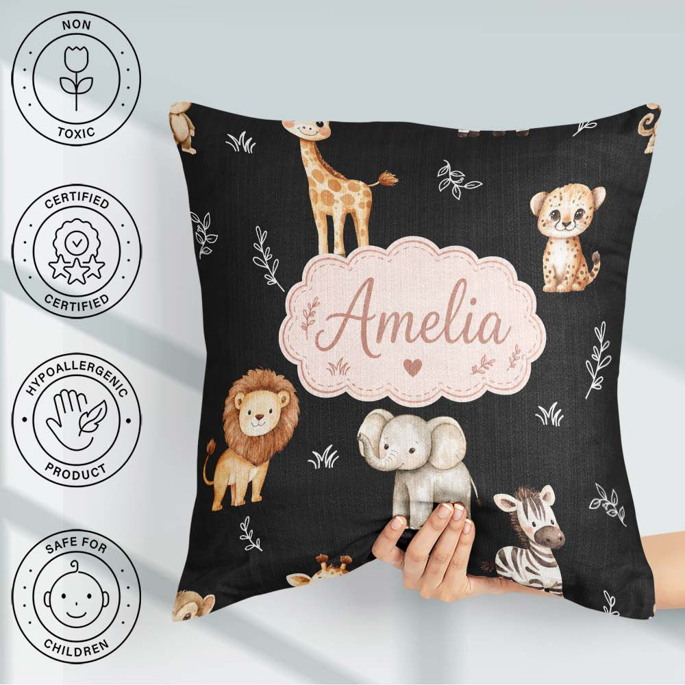 Custom Name Safari Animals with Elephant Lion and Leopard Cub on Square Filled Cushion Throw Pillow Sofa Bed Home Decor Zip Washable UK Made