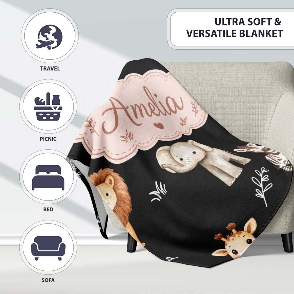 Safari Animals with Elephant Lion and Leopard Cub on Light Grey Personalised Custom Name Super Soft Fleece Blanket Bed Sofa Throw
