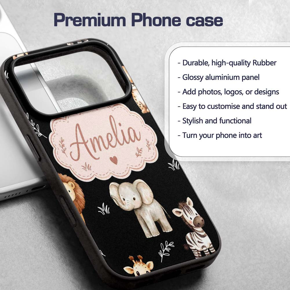 Safari Animals with Elephant Lion and Leopard Cub Custom Name Protective Phone Case Mobile Cover Durable Everyday Smartphone Shock Resistant