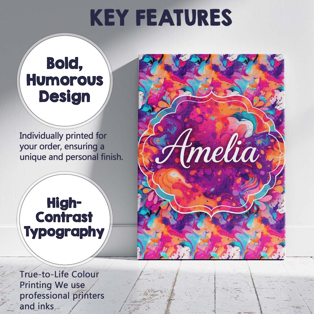 Personalised Name Colourful Liquid Marble Swirl Pink Purple Orange Custom Unique Canvas Wall Art Print Decor Picture Ready to Hang