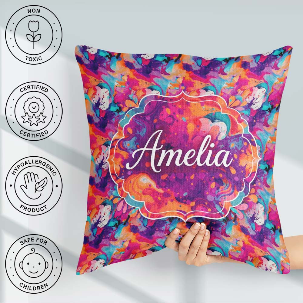 Custom Name Colourful Liquid Marble Swirl Purple Orange Abstract Square Filled Cushion Throw Pillow Sofa Bed Home Decor Zip Washable UK Made