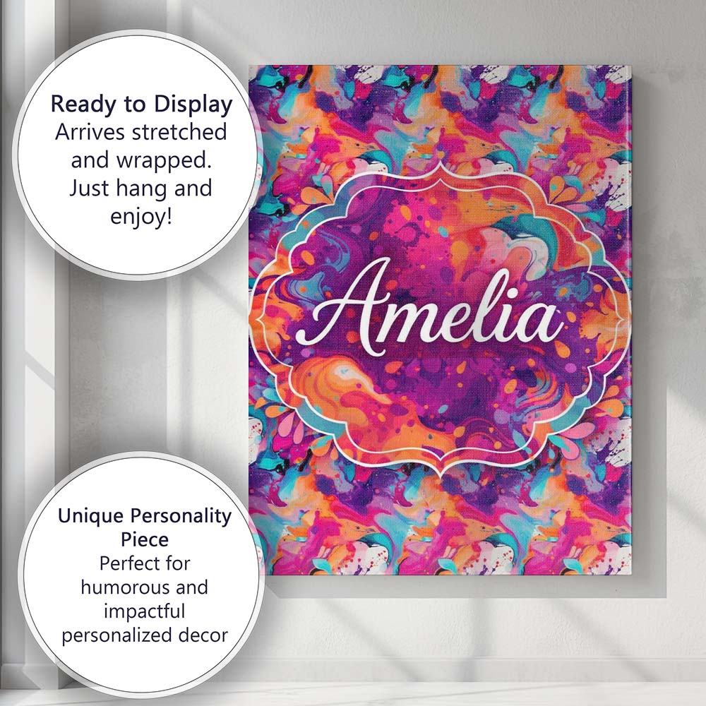 Personalised Name Colourful Liquid Marble Swirl Pink Purple Orange Custom Unique Canvas Wall Art Print Decor Picture Ready to Hang