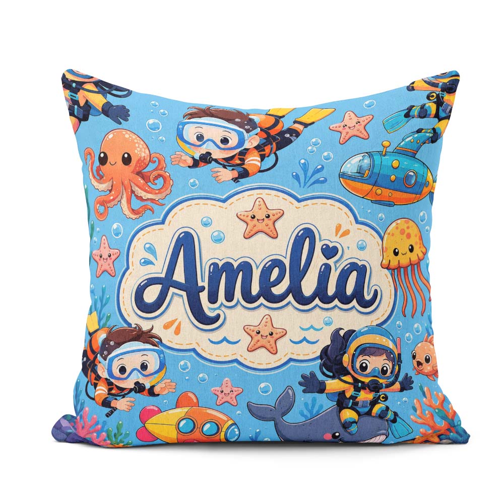 Custom Name Underwater with Scuba Divers and Whale on Soft Blue Square Filled Cushion Throw Pillow Sofa Bed Home Decor Zip Washable UK Made