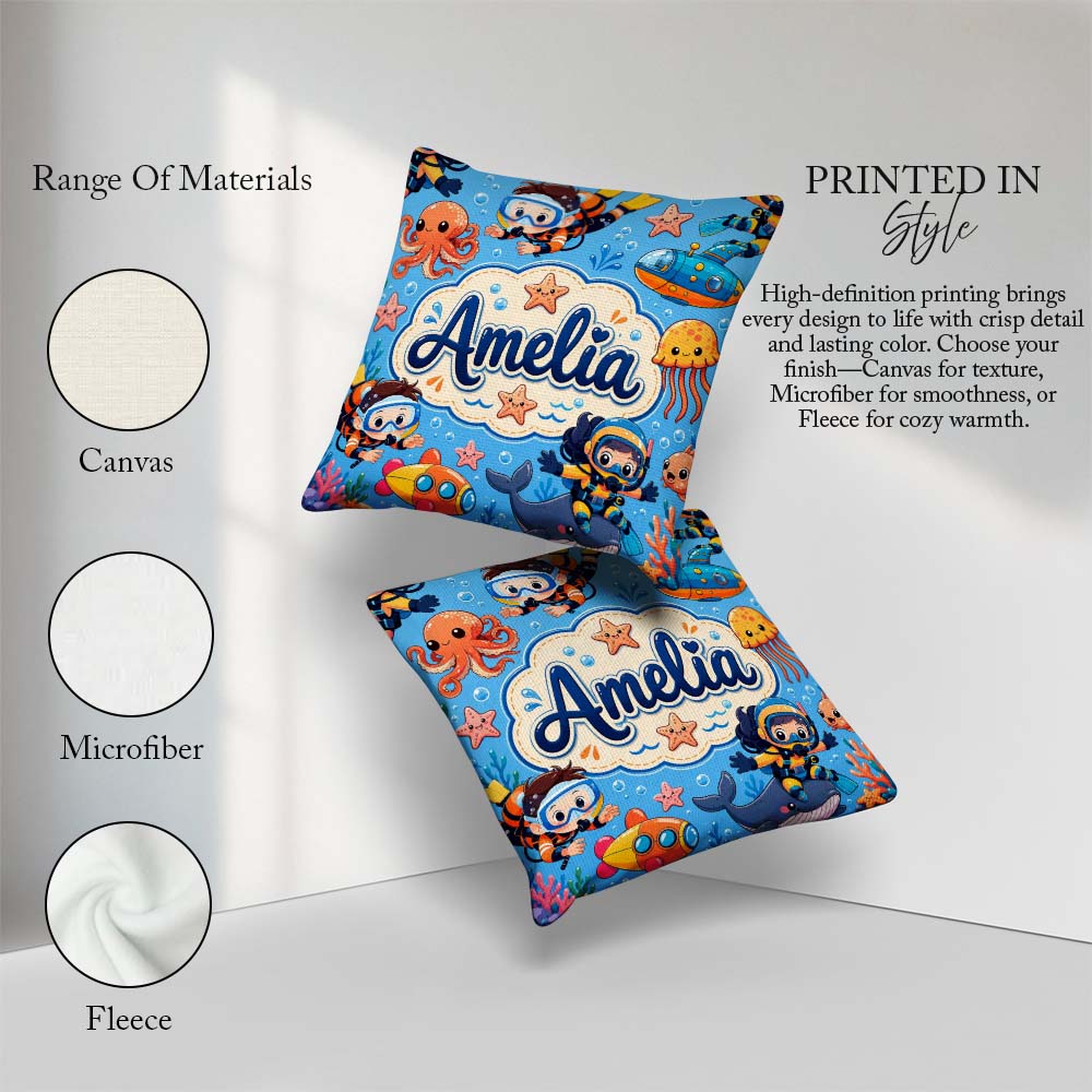 Custom Name Underwater with Scuba Divers and Whale on Soft Blue Square Filled Cushion Throw Pillow Sofa Bed Home Decor Zip Washable UK Made