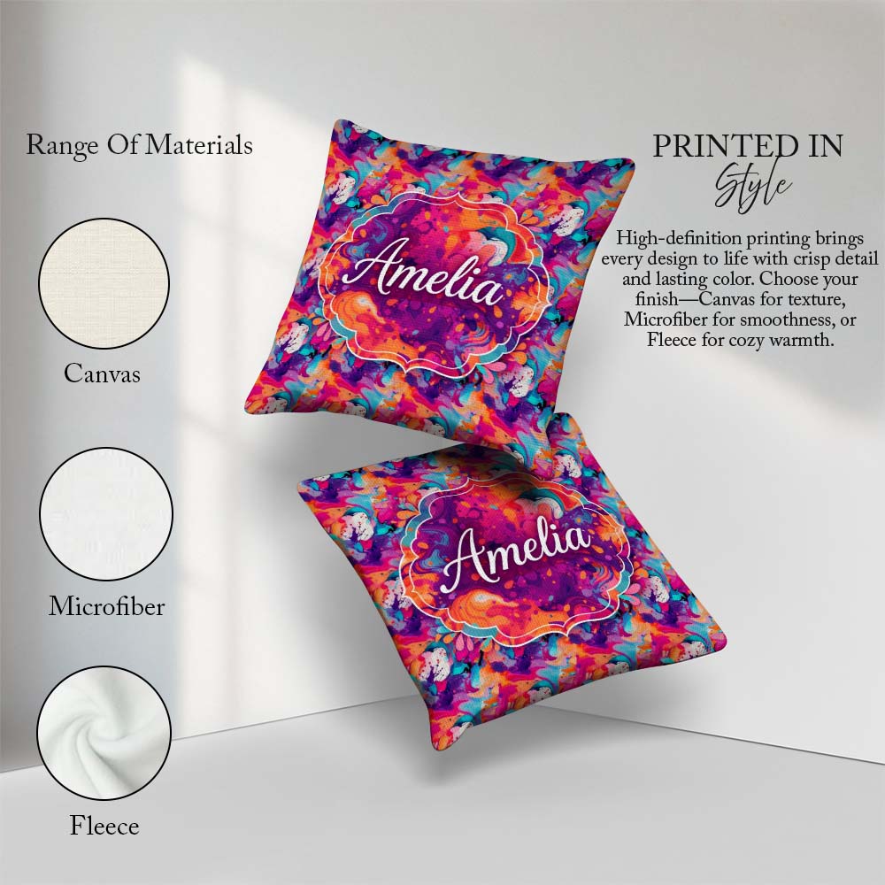 Custom Name Colourful Liquid Marble Swirl Purple Orange Abstract Square Filled Cushion Throw Pillow Sofa Bed Home Decor Zip Washable UK Made