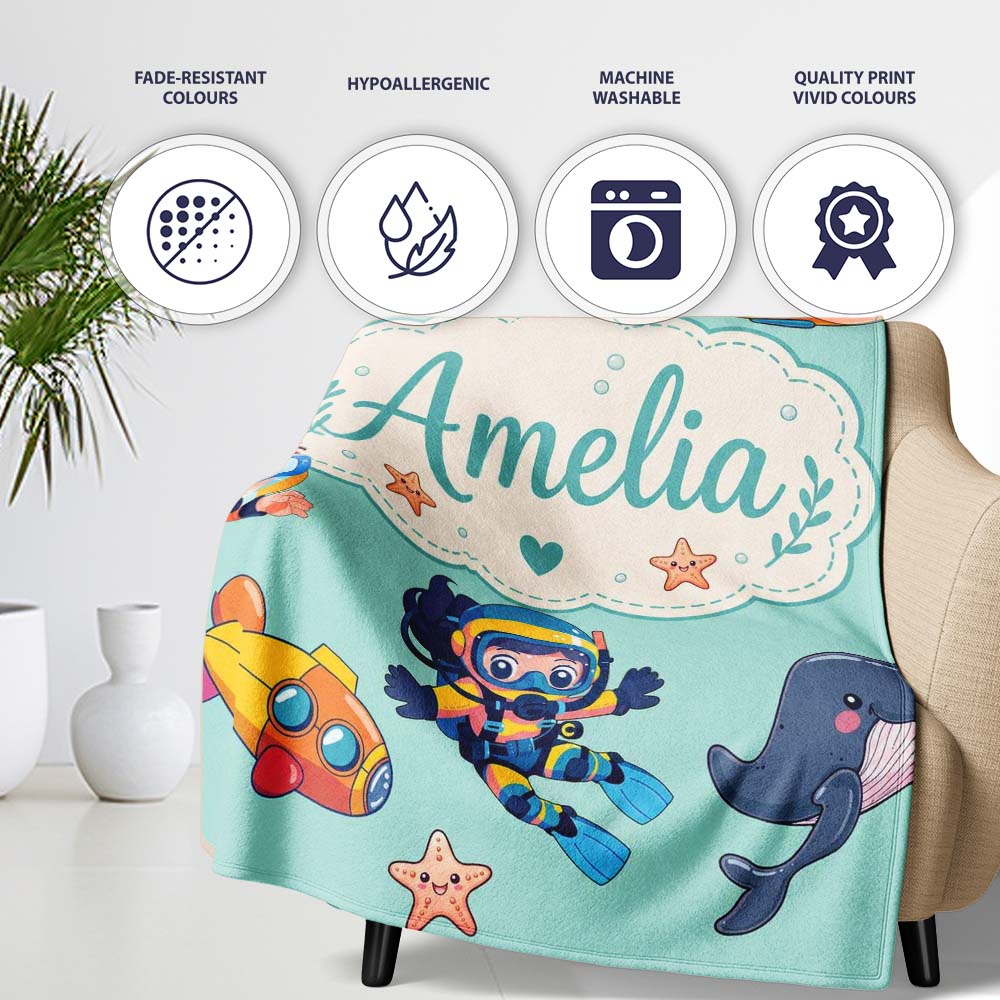 Underwater with Scuba Divers Starfish and Whale on Seafoam Green Personalised Custom Name Super Soft Fleece Blanket Bed Sofa Throw